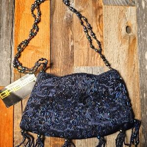 Sasha Navy Beaded Satin Zipper Small Handbag/Clutch